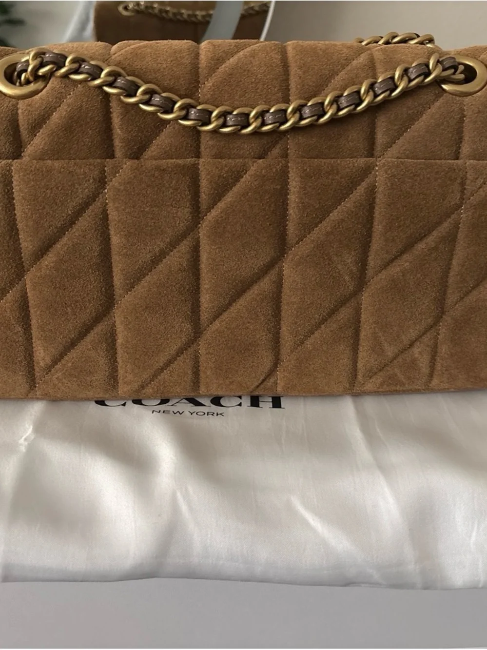 Pillow Tabby 26… Coach Quilted Suede Shoulder Bag in Camel with Gold Hardware